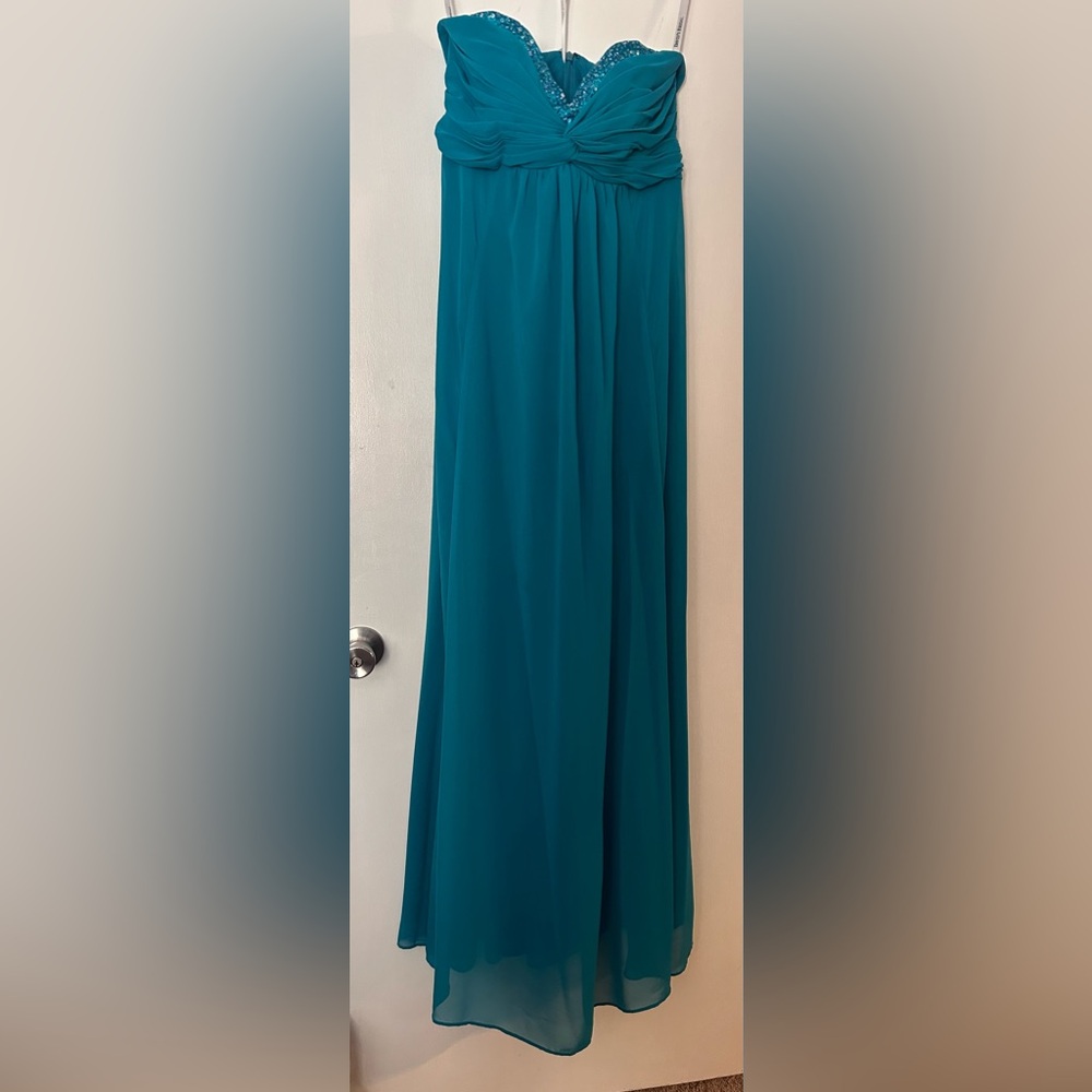 David's Bridal Strapless Teal Gown